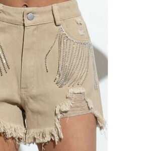 Blue B Western Tan Shorts Med Distressed with Rhinestone Fringe on Pockets NWT